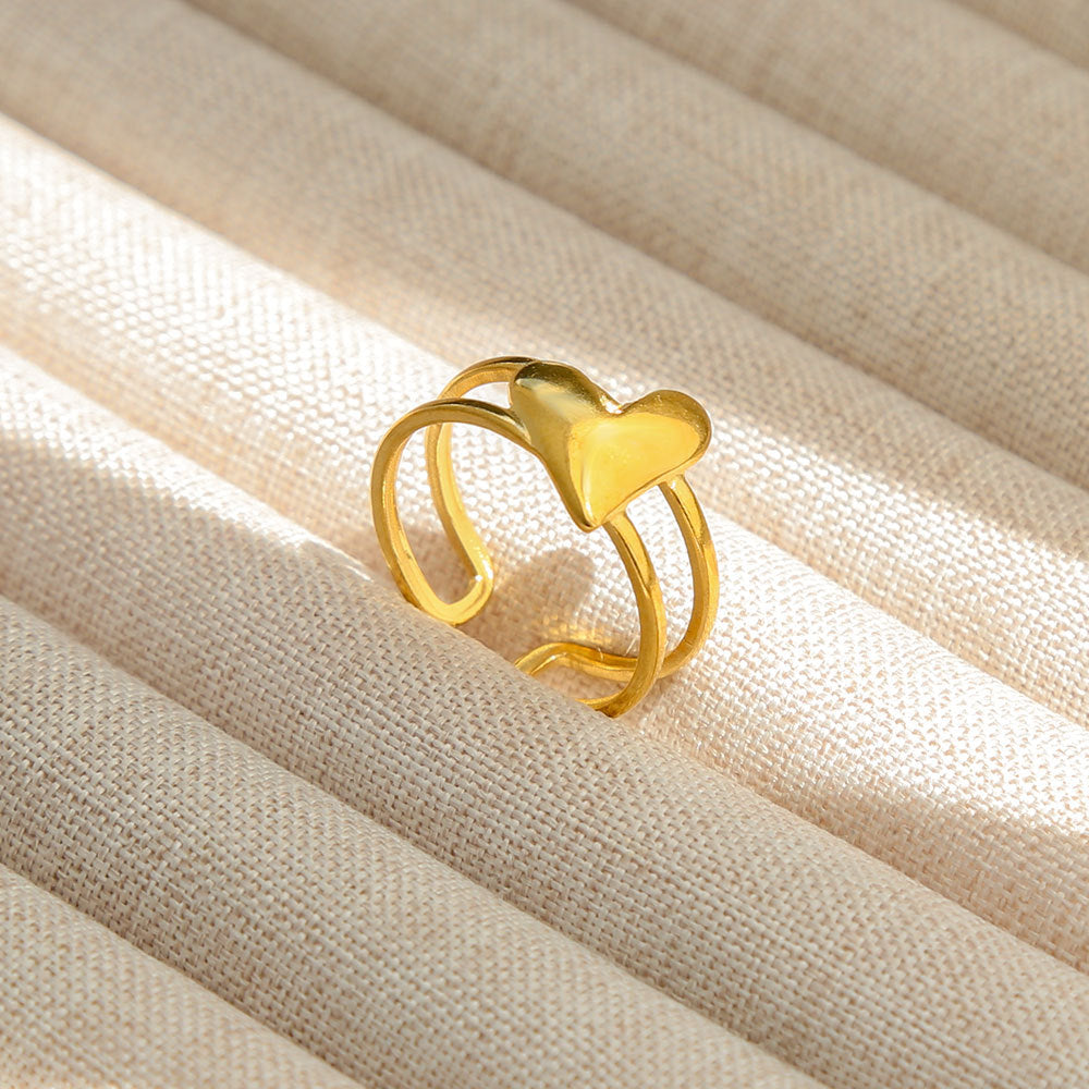 Anello Aperto Regolabile da Donna in Acciaio Inossidabile Stile INS Vintage, Geometrico e a Cuore, con Intarsio in Pietra Naturale, Elegante e Minimalista