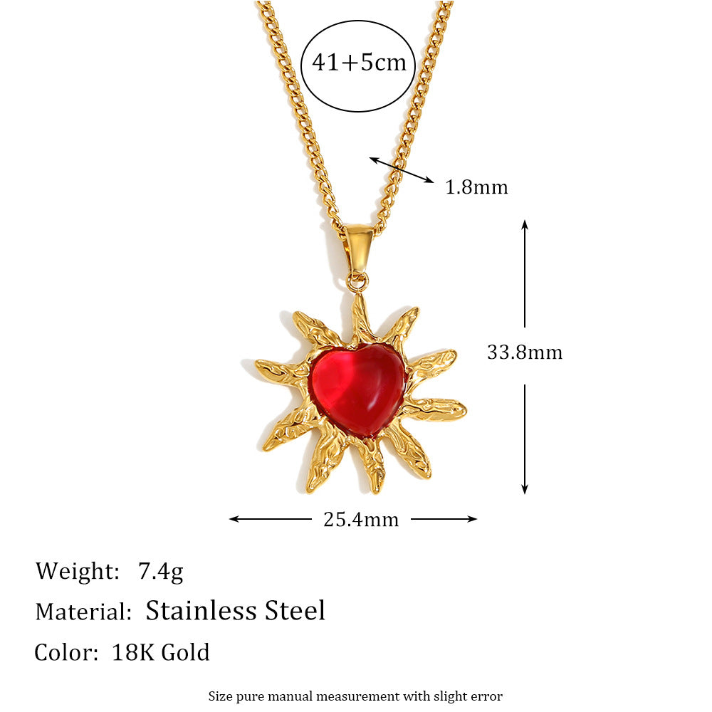 Collana da donna alla moda minimalista a forma di cuore in acciaio inossidabile placcato oro 18 carati con agata rossa e design a raggiera