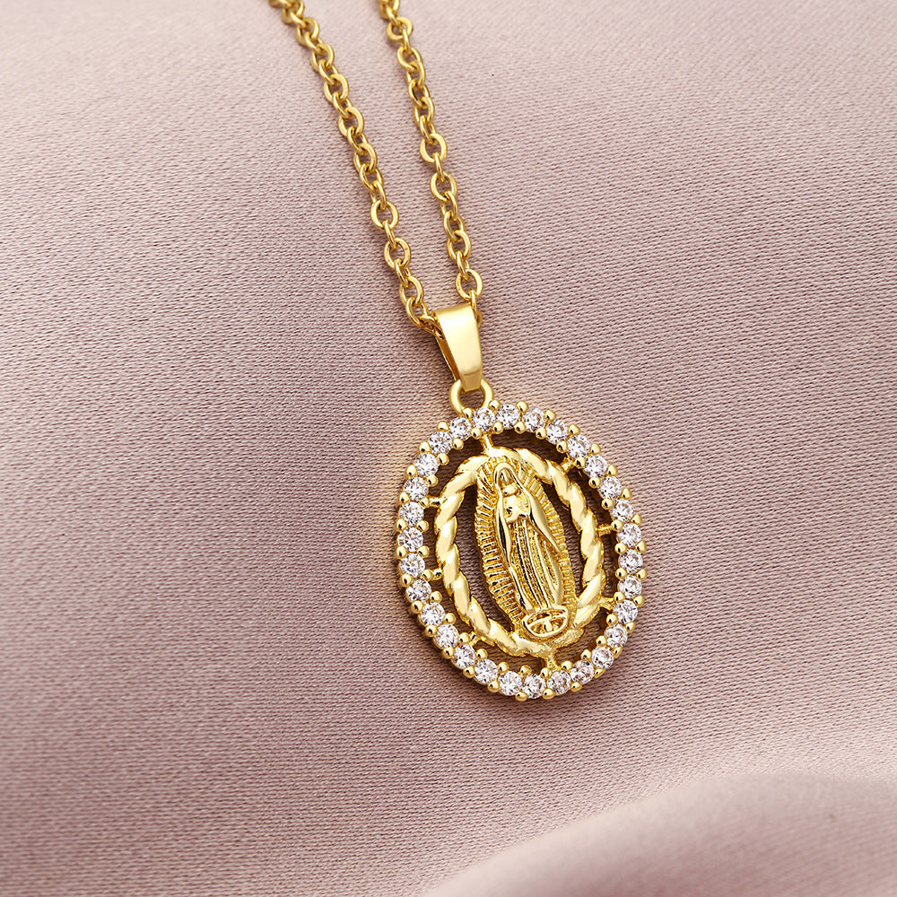 Collar con colgante de la Virgen María geométrico de moda para mujer con incrustaciones de circonita cúbica y cadena de cobre chapado en oro