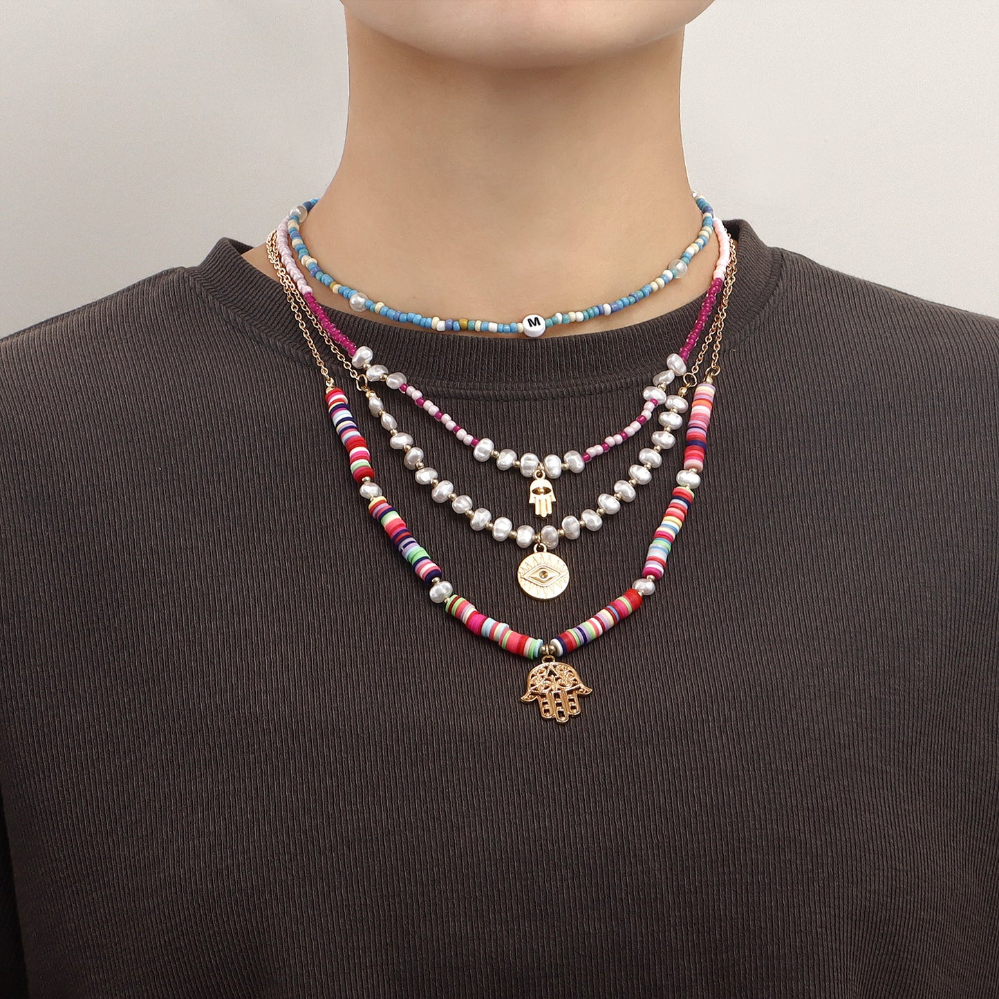 Bohemian Style Hand of Fatima Pendant Necklace for Women with Alloy Base Electroplated Finish and Colorful Polymer Clay Beads