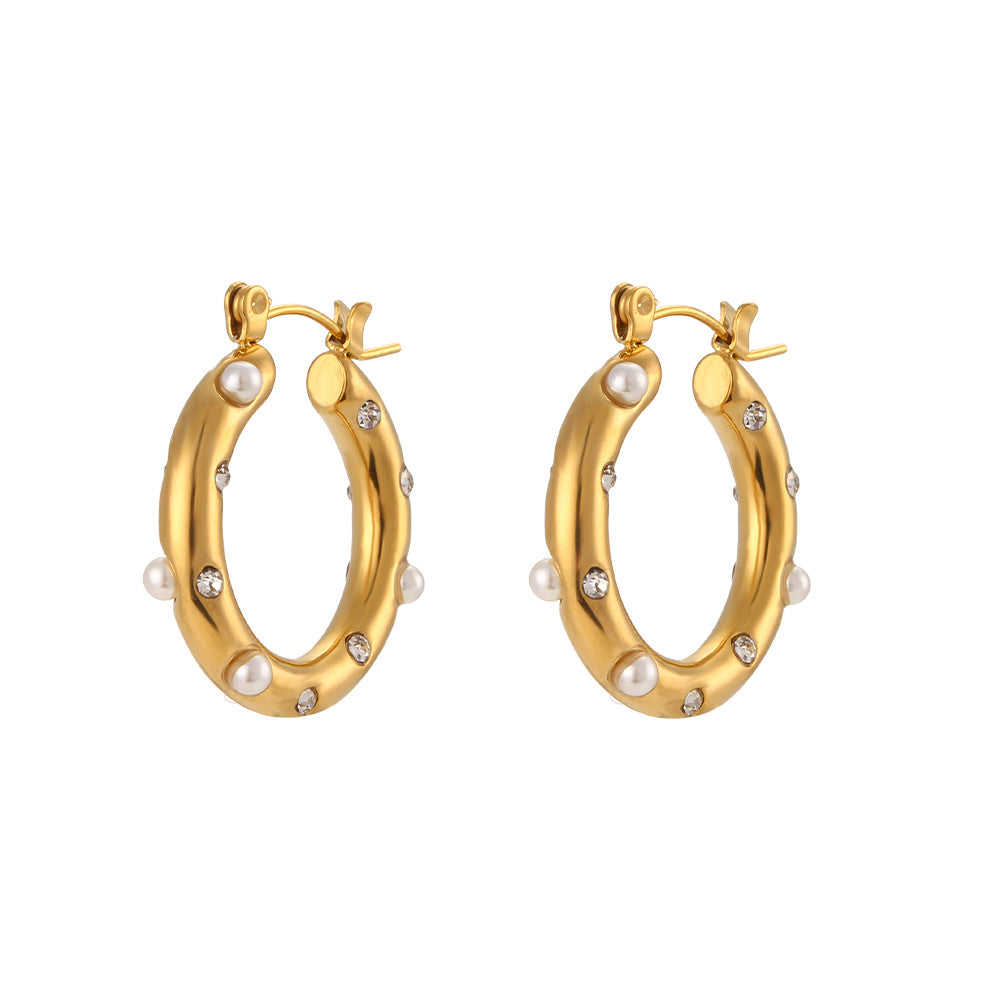 Fashion Minimalist Geometric Stainless Steel Hoop Earrings with 18K Gold Plating and Colored Zirconia