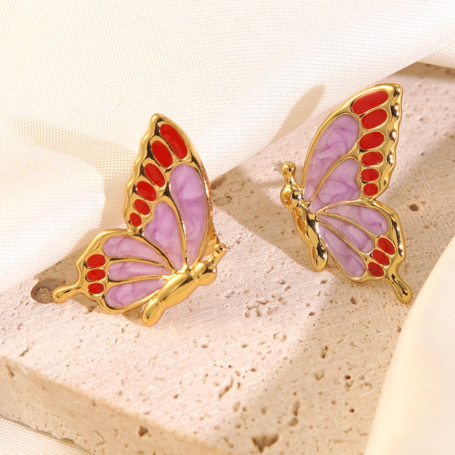 Sweet Minimalist Butterfly Drip Oil Stainless Steel Earrings for Women