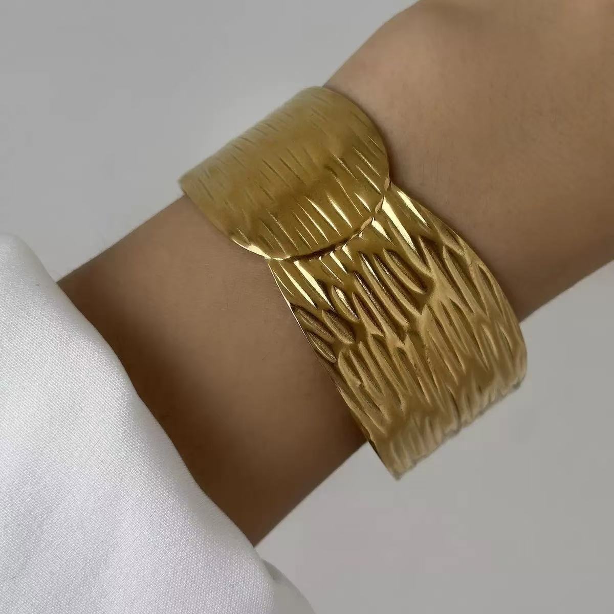 Fashion Geometric Textured Wave Pattern Plated Stainless Steel Wide Open Cuff Bracelet for Women
