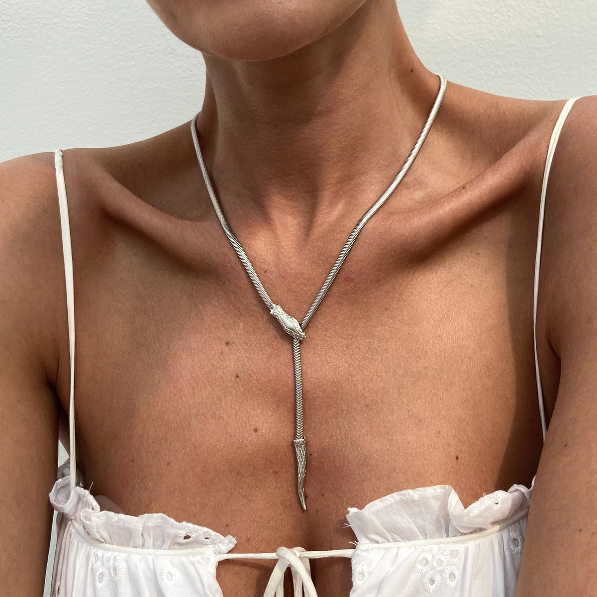 Minimalist Long Flat Snake Chain Necklace for Women with Alloy Pendant and Electroplated Finish