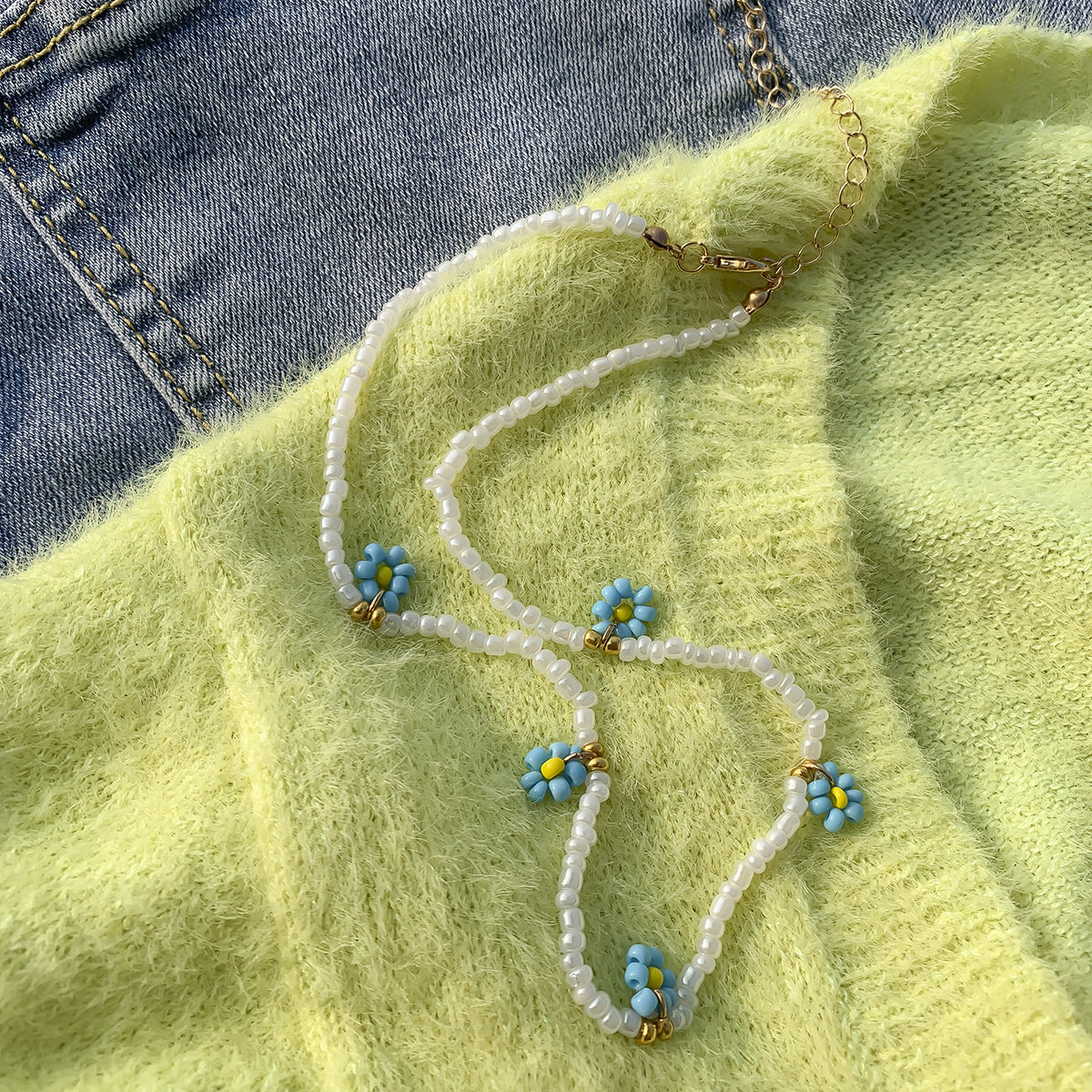 Bohemian Floral Letter Daisy Imitation Pearl Beaded Choker Necklace for Women