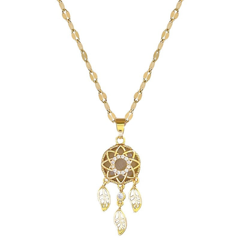 Original Design Irregular Feather Dreamcatcher Pendant Necklace for Women in Titanium Steel with Gold Plating