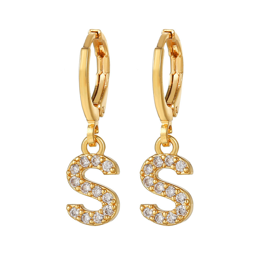 Minimalist Elegant Gold Plated Brass Micro-Inlaid Cubic Zirconia Letter Hoop Earrings for Women