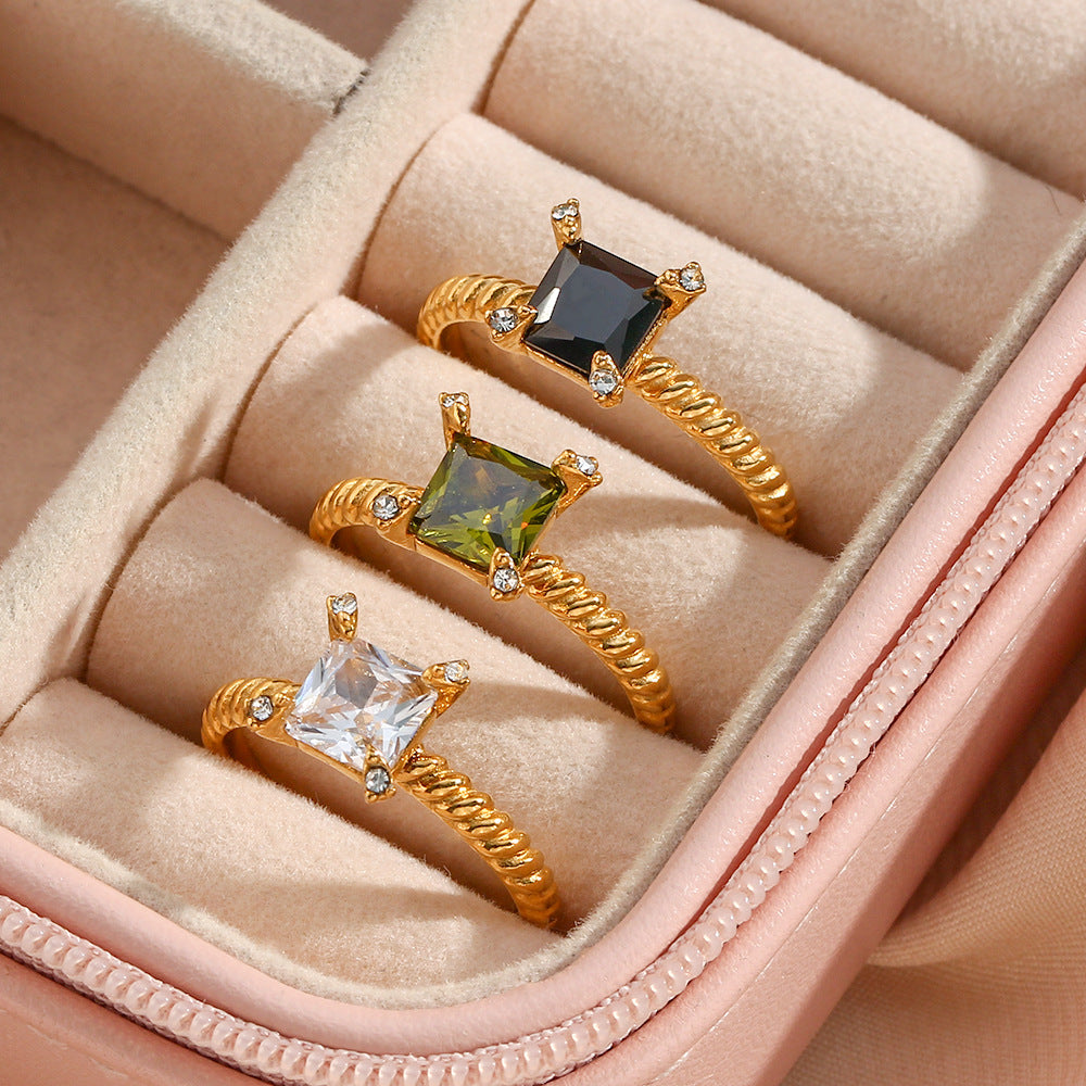 Minimalist Geometric Stainless Steel Plated 18K Gold Square Zircon Ring for Women