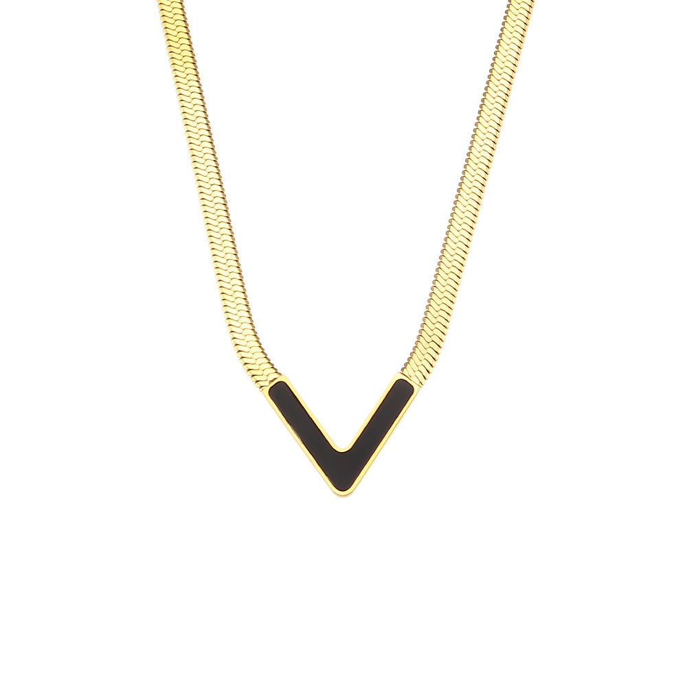 Fashionable Geometric V-Shaped Natural White Abalone Black Abalone Green Malachite Pendant Necklace for Women in Stainless Steel with 18K Gold Plating on Flat Snake Chain