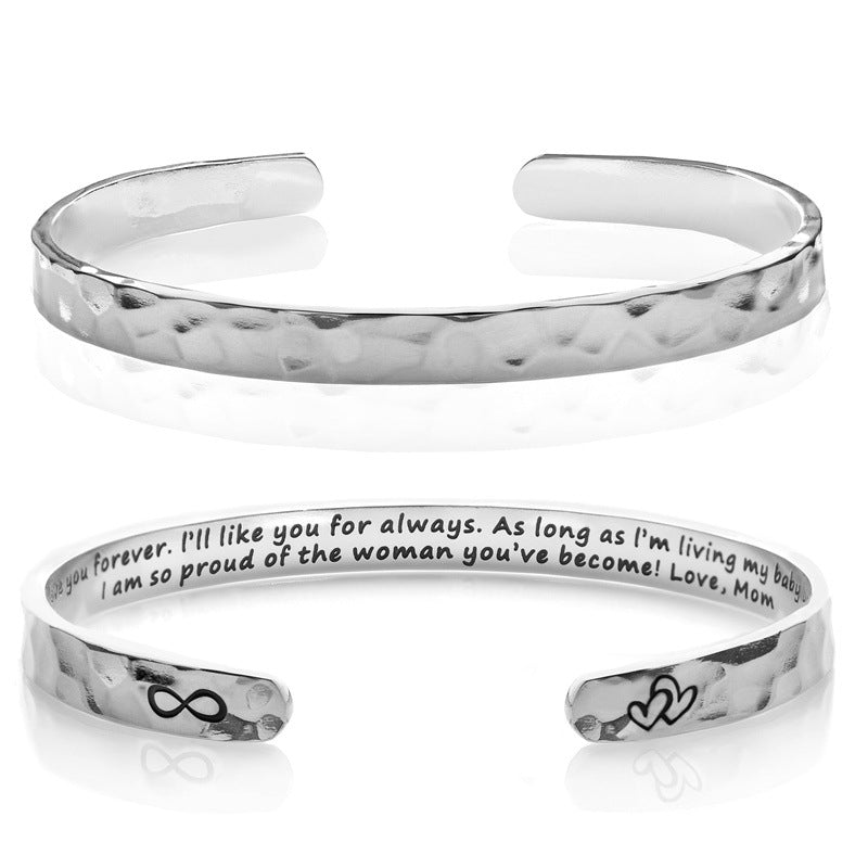 Minimalist Stainless Steel Engraved Open Moon Surface Textured Hammered Bracelet
