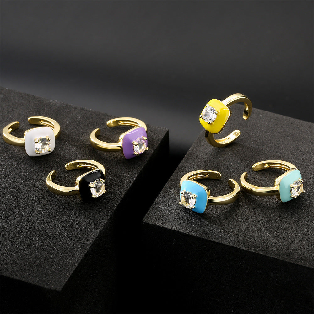 Gold Plated Brass Square Ring with Cubic Zirconia Inlay and Drip Oil Detail for Women