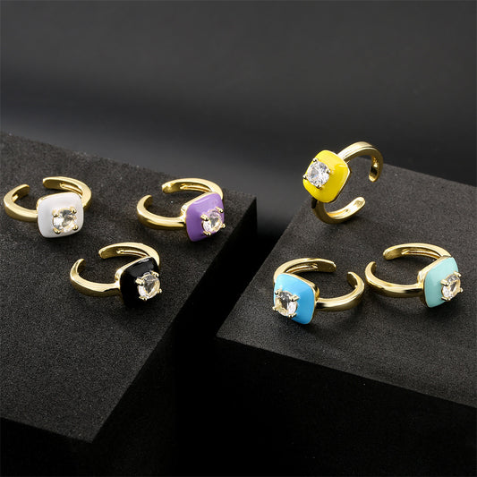 Gold Plated Brass Square Ring with Cubic Zirconia Inlay and Drip Oil Detail for Women