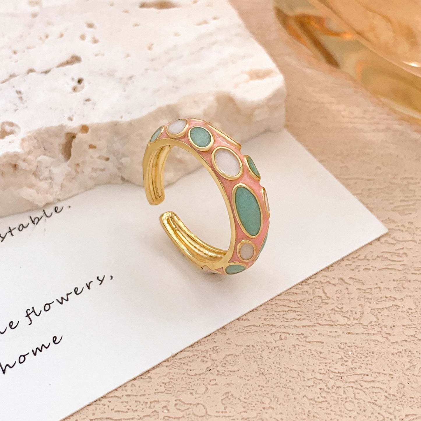 Anello regolabile aperto da donna vintage elegante in lega placcato oro con olio a goccia a pois geometrici