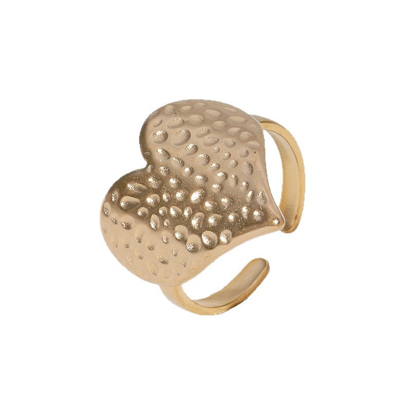 Anello Regolabile da Donna in Acciaio Inossidabile con Texture Martellata Minimalista a Forma di Cuore, Accessorio di Moda Resistente allo Sbiadimento