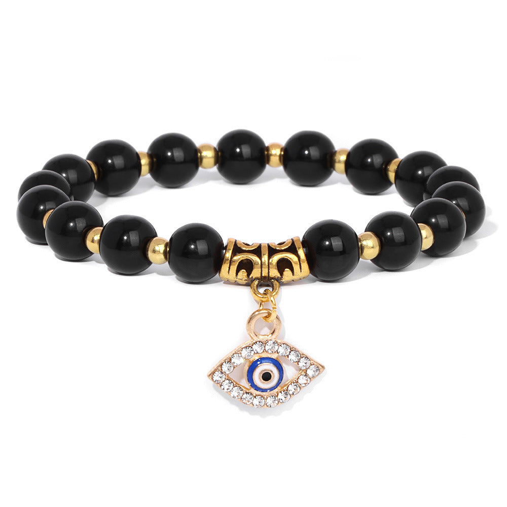 Vintage Minimalist Geometric Agate Beaded Bracelet with Evil Eye Pendant Unisex Jewelry