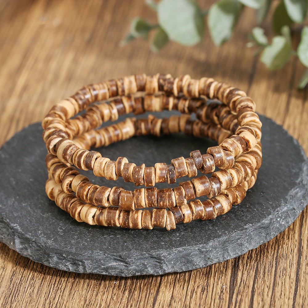 Hip-hop Punk Vintage Geometric Round Coconut Shell Handmade Bracelet Set for Unisex