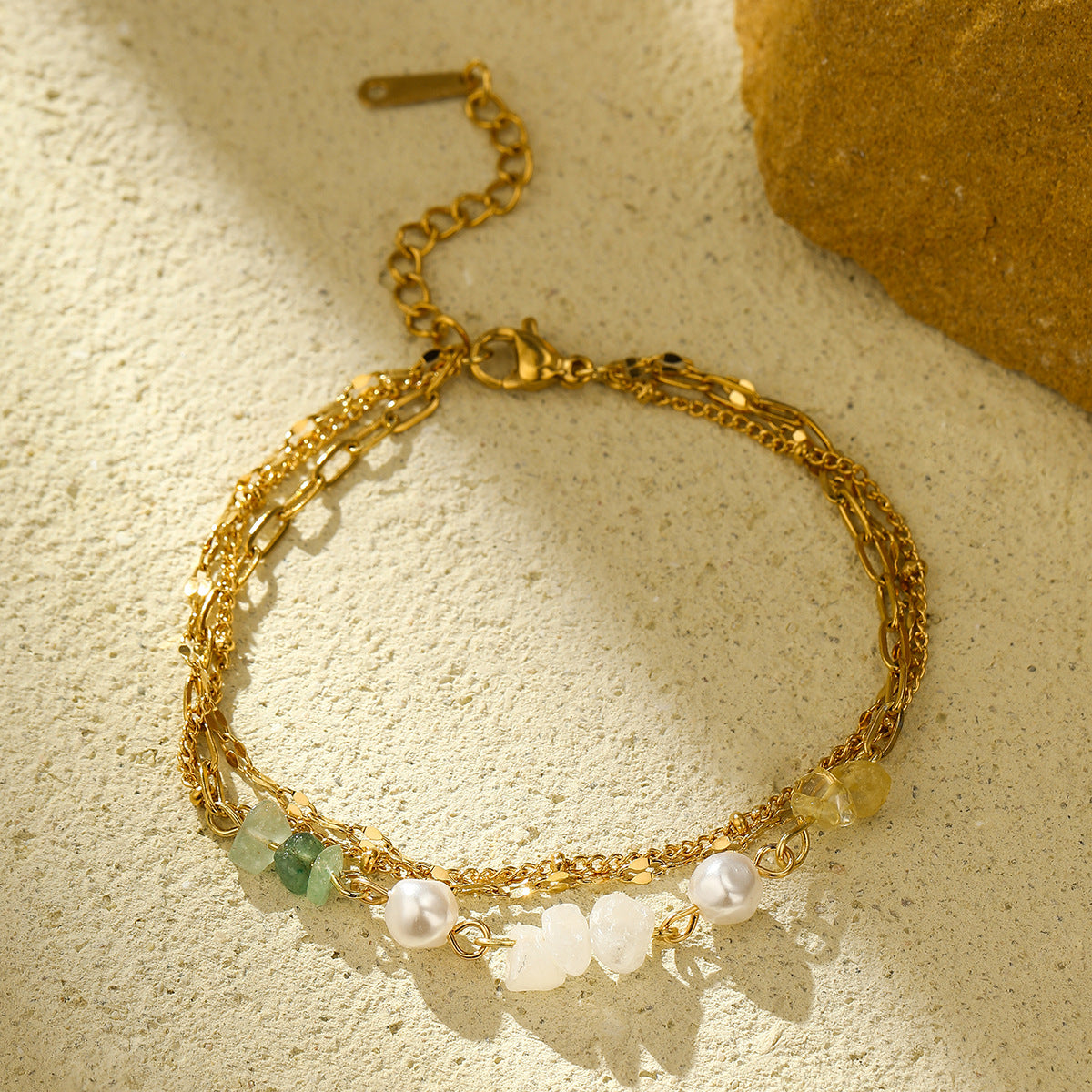 Pulsera de girasol y corazón de moda para mujer con acero inoxidable bañado en oro de 18K y cuentas de perlas