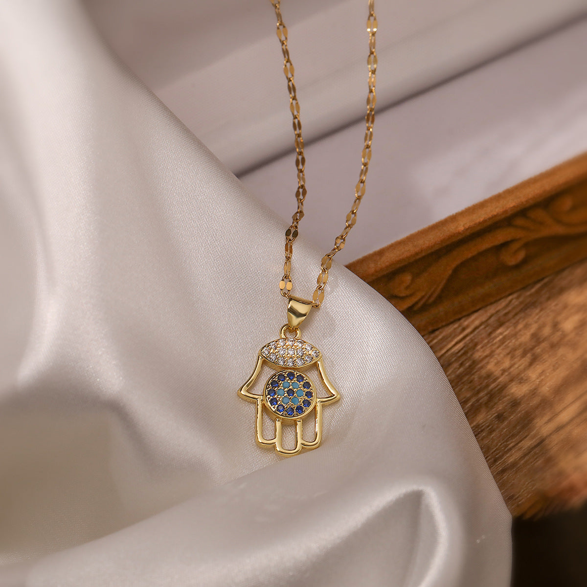 Minimalist Evil Eye Hand Palm Pendant Necklace and Earrings Set in Copper with 18K Gold Plating and Zircon Inlay