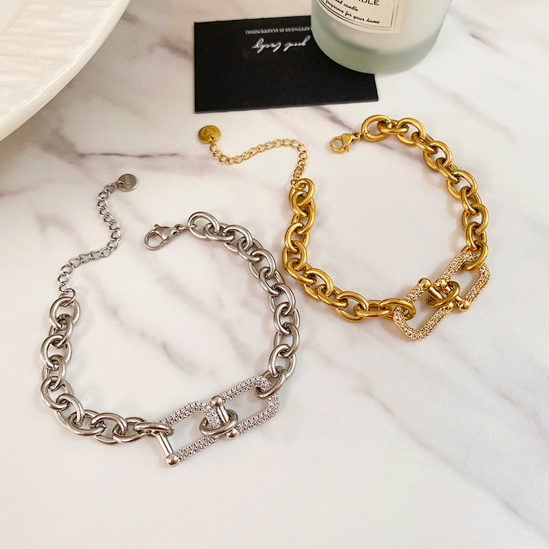 Minimalist Gold Plated Titanium Steel Micro-Pave Diamond Horseshoe Clasp Cuban Link Bracelet