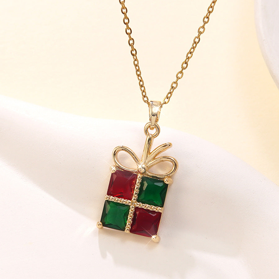 Luxury Stainless Steel Christmas Tree Snowman Bow Necklace with Glass Inlay Brass Pendant for Women