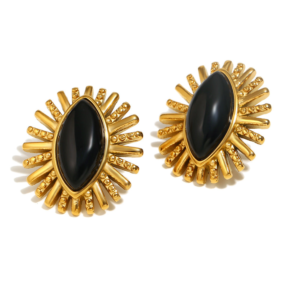 Orecchini a perno da donna con occhio geometrico in onice nero d'ispirazione vintage, in acciaio inossidabile placcato oro 18 carati