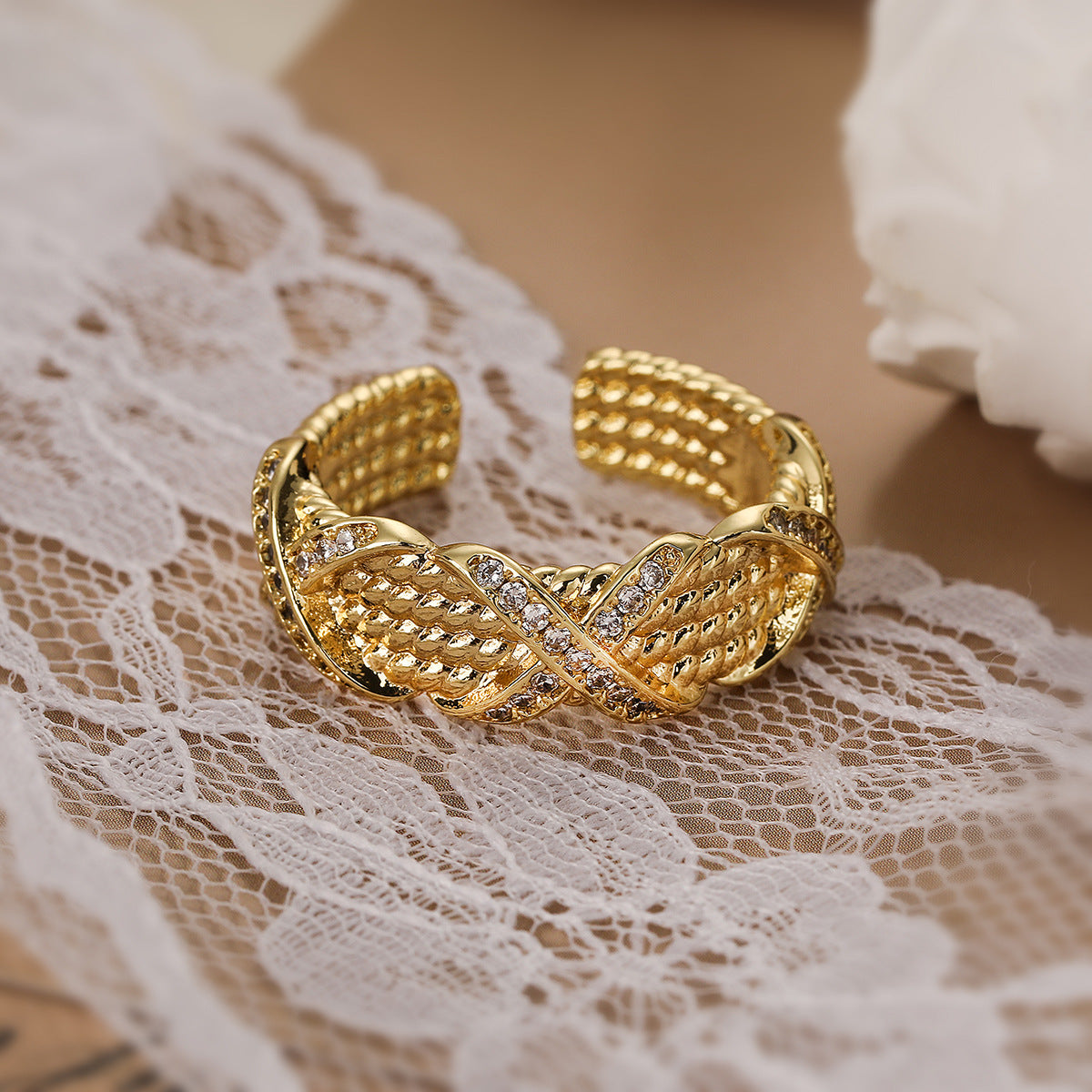 Minimalist Geometric Adjustable Ring for Women in Copper with 18K Gold Plating and Zircon Inlay