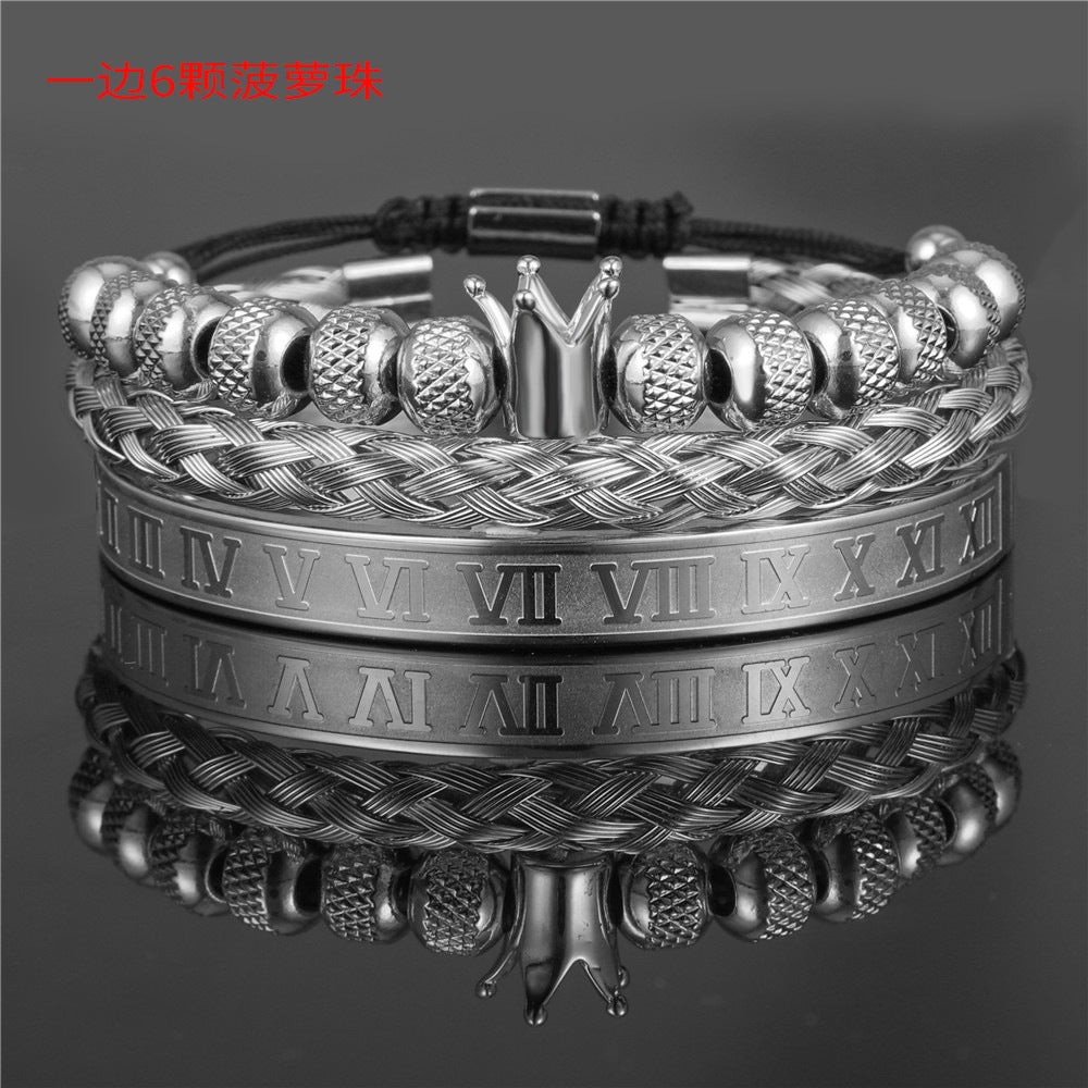 Vintage Crown Geometric Micro-inlay Stainless Steel Mesh Open Cuff Bracelet Set for Unisex