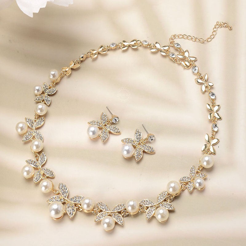 Set collana e orecchini a farfalla in lega con strass lucidi, da donna, per matrimoni e spose