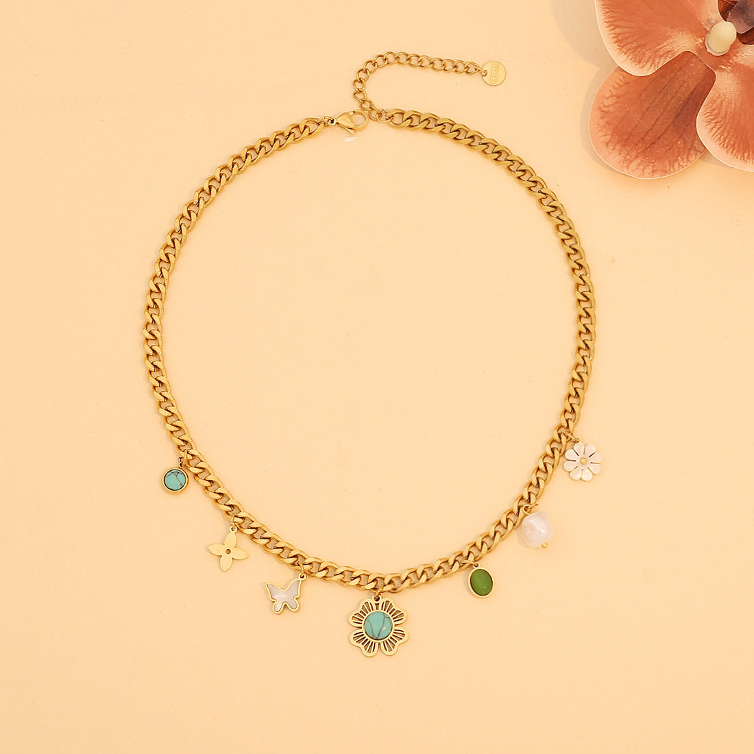 Fashionable Floral Butterfly Pendant Necklace in Stainless Steel with Pearl Accents and Electroplated Finish for Women