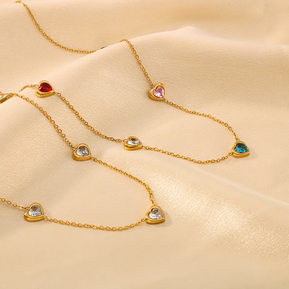 Minimalist Heart-Shaped Titanium Steel Necklace with 18K Gold Plating and Colorful Rhinestone Inlay on O-Chain