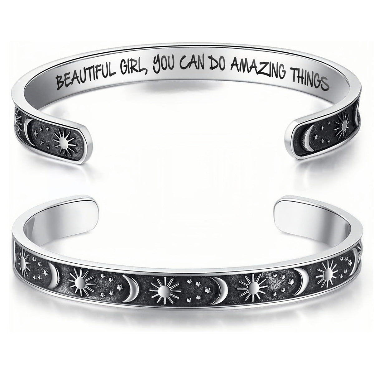 Bracciale a C in acciaio inossidabile inciso al laser con motivo Sole Luna e Stella Finitura lucida Gioielli motivazionali