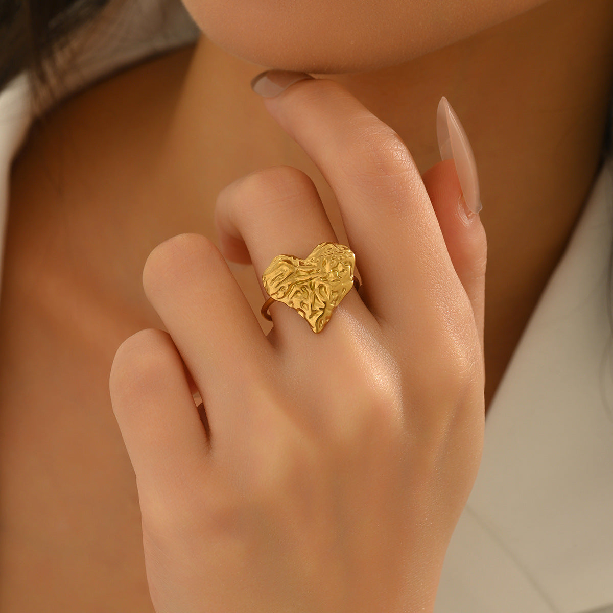 Minimalist Heart-Shaped Zinc Alloy Plated 18K Gold Adjustable Open Ring for Women