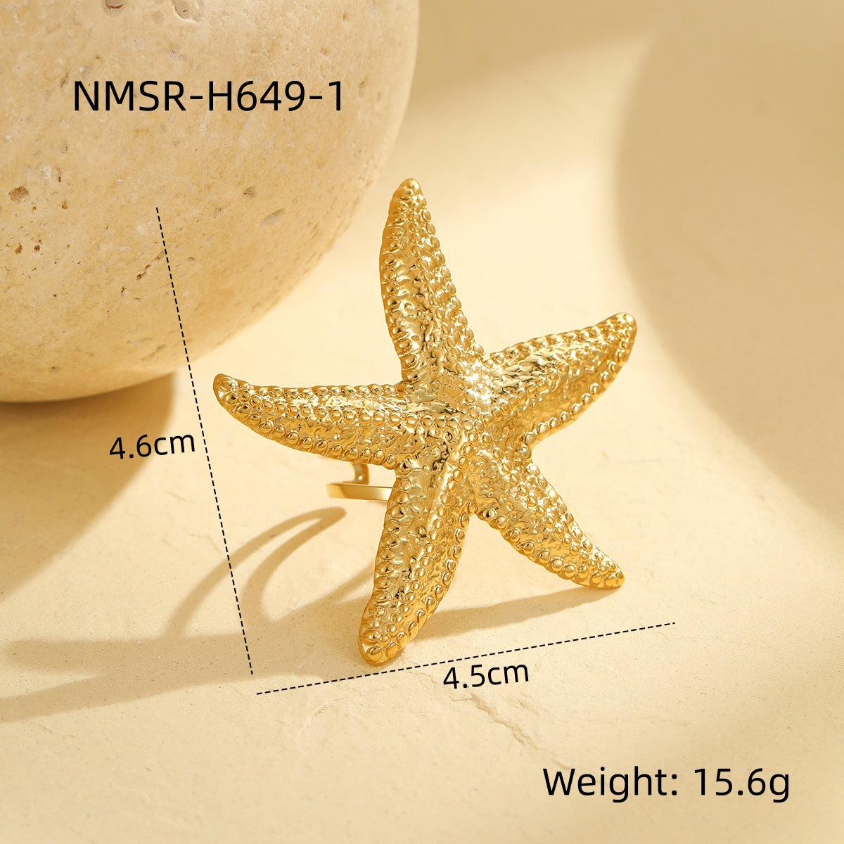 Anillo abierto de acero inoxidable de lujo inspirado en el océano con diseño de concha y estrella de mar para mujer