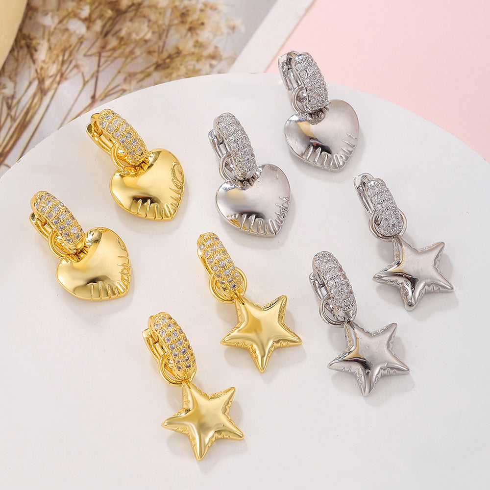 Elegant Gold Plated Brass Star Heart Earrings with Cubic Zirconia for Women