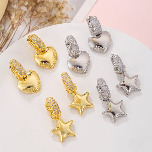 Elegant Gold Plated Brass Star Heart Earrings with Cubic Zirconia for Women