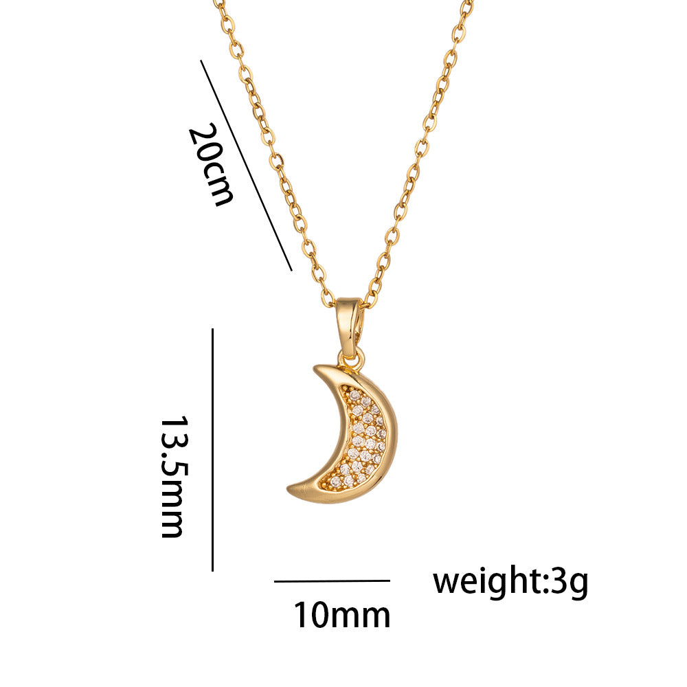 Minimalist Geometric Moon and Star Pendant Necklace in Titanium Steel with Rhinestone Inlay and 18K Gold Plated Snake Chain