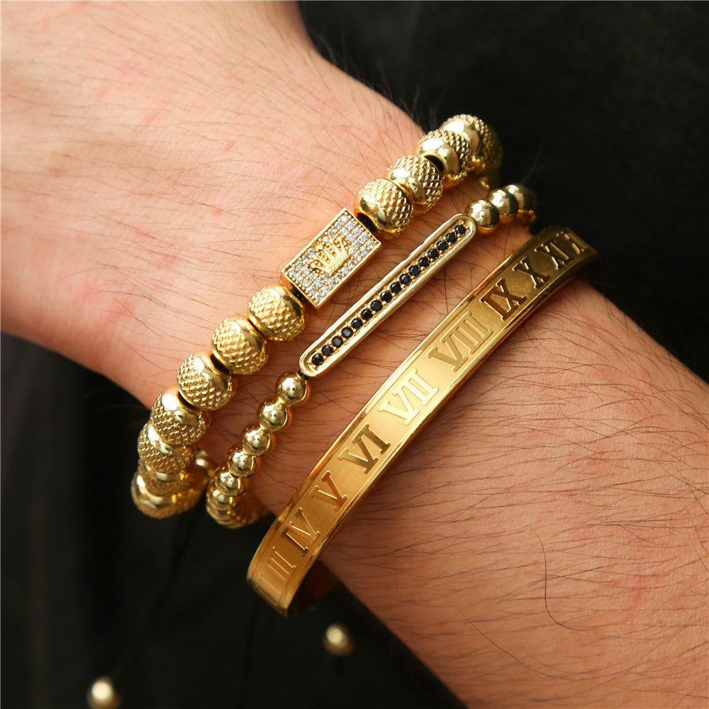 Vintage Punk Geometric Plated Titanium Steel Bracelet Set with Crown and Roman Letter Elements for Men and Women