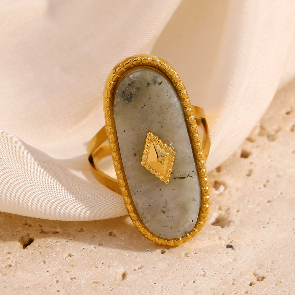 Fashionable Oval White Jade Open Ring in Stainless Steel with 18K Gold Plating for Women