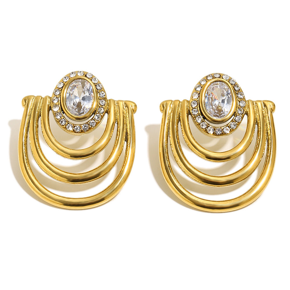 Elegant Minimalist 18K Gold Plated Stainless Steel Geometric U-Shape Cubic Zirconia Stud Earrings for Women