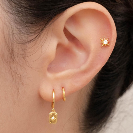 Gold Plated Brass Eight-Pointed Star Geometric Cubic Zirconia Hoop Earrings for Women