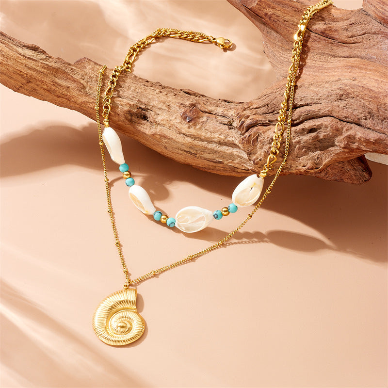 Vintage Trendy Turquoise Seashell Animal Pendant Necklace in Stainless Steel with Plated Finish