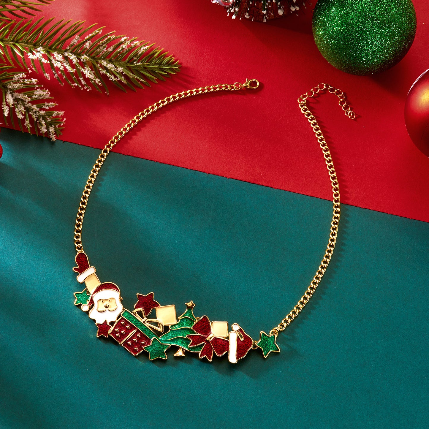Set di Gioielli Natalizi per Donna con Ciondoli a Forma di Babbo Natale, Albero, Fiocco di Nece, Collana, Bracciale e Orecchini in Lega di Zinco con Catena a O