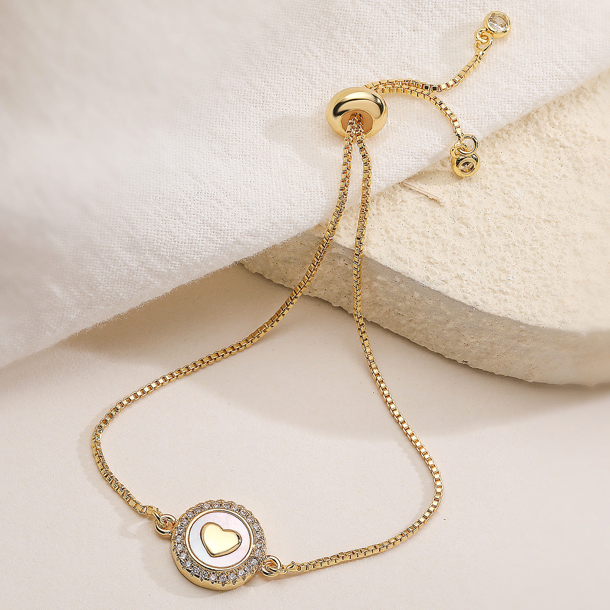 Minimalist 18K Gold Plated Brass Cross Heart Bracelet with Cubic Zirconia for Women