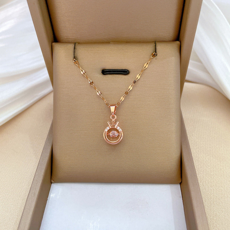 Elegant Crown-Shaped Pendant Necklace for Women and Men with Stainless Steel Chain and Rhinestone Inlay