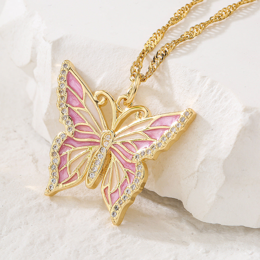 Minimalist Butterfly Pendant Necklace for Women in Copper with 18K Gold Plating and Enamel Finish Featuring Cubic Zirconia Accents