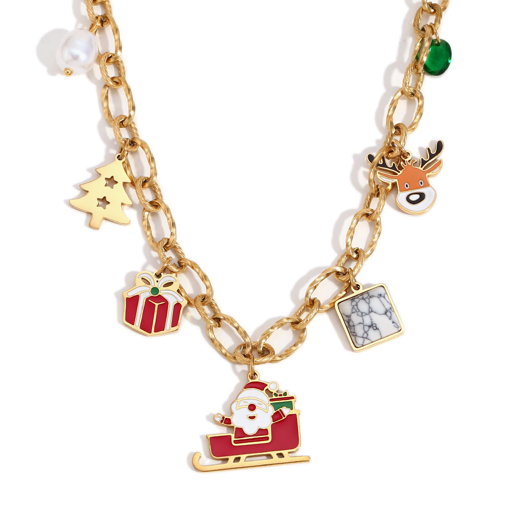 Bonito Collar con Colgante de Personaje de Dibujos Animados en Acero Inoxidable con Baño de Oro de 18K, Cadena Hecha a Mano, Diseño Temático Navideño para Mujeres