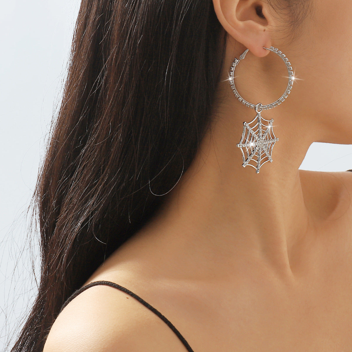 Sweet and Edgy Geometric Spiderweb Pendant Hoop Earrings in Alloy with Rhinestone Inlay and Plated Finish