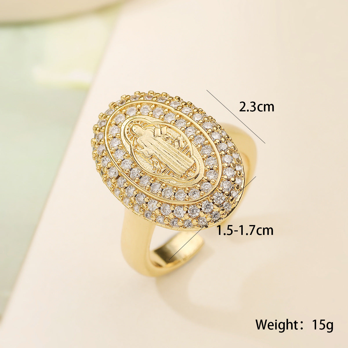 Set di collana e anello minimalista con Madonna in rame placcato oro e zirconia micro-pavé su catena box