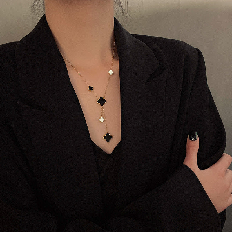 Original Design Four-Leaf Clover Pendant Necklace for Women in Titanium Steel with Plated Finish and Tassel Detail on O-Chain