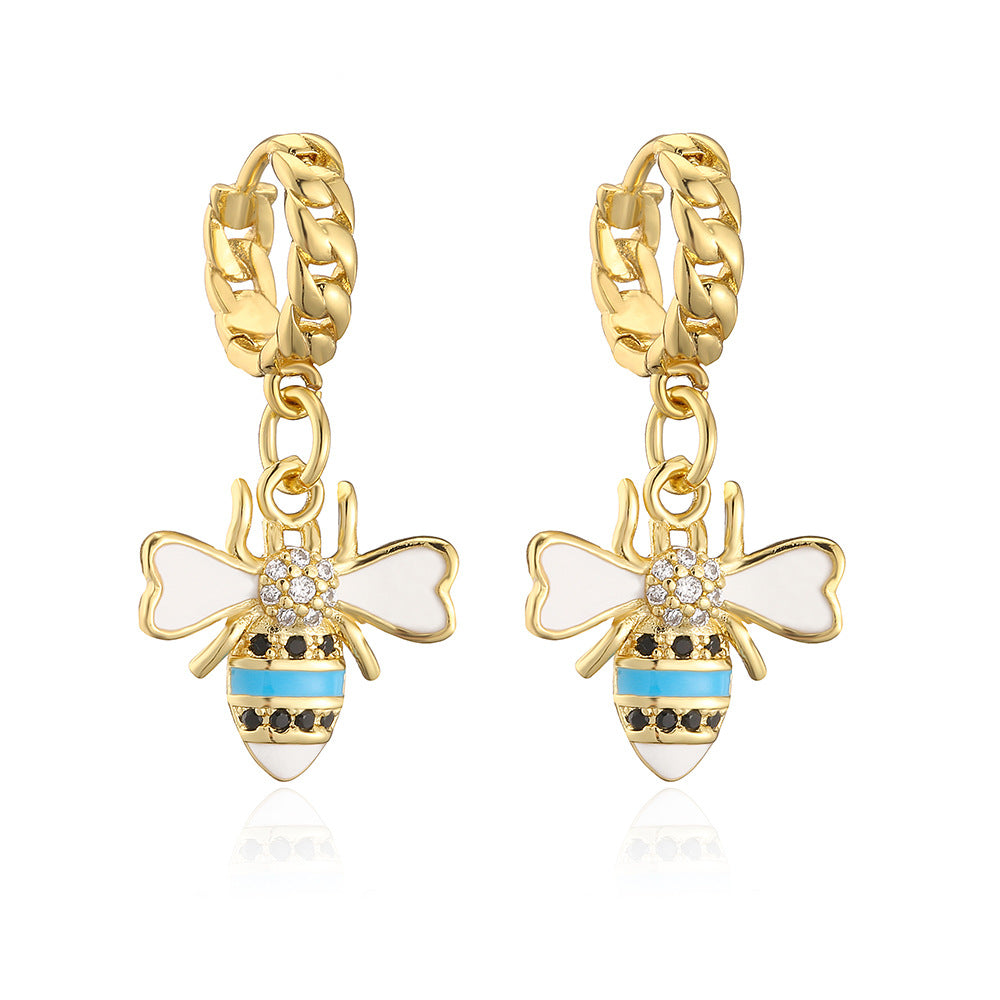 Minimalist Bee-Shaped Copper Pendant Earrings with 18K Gold Plating and Enamel Finish for Women